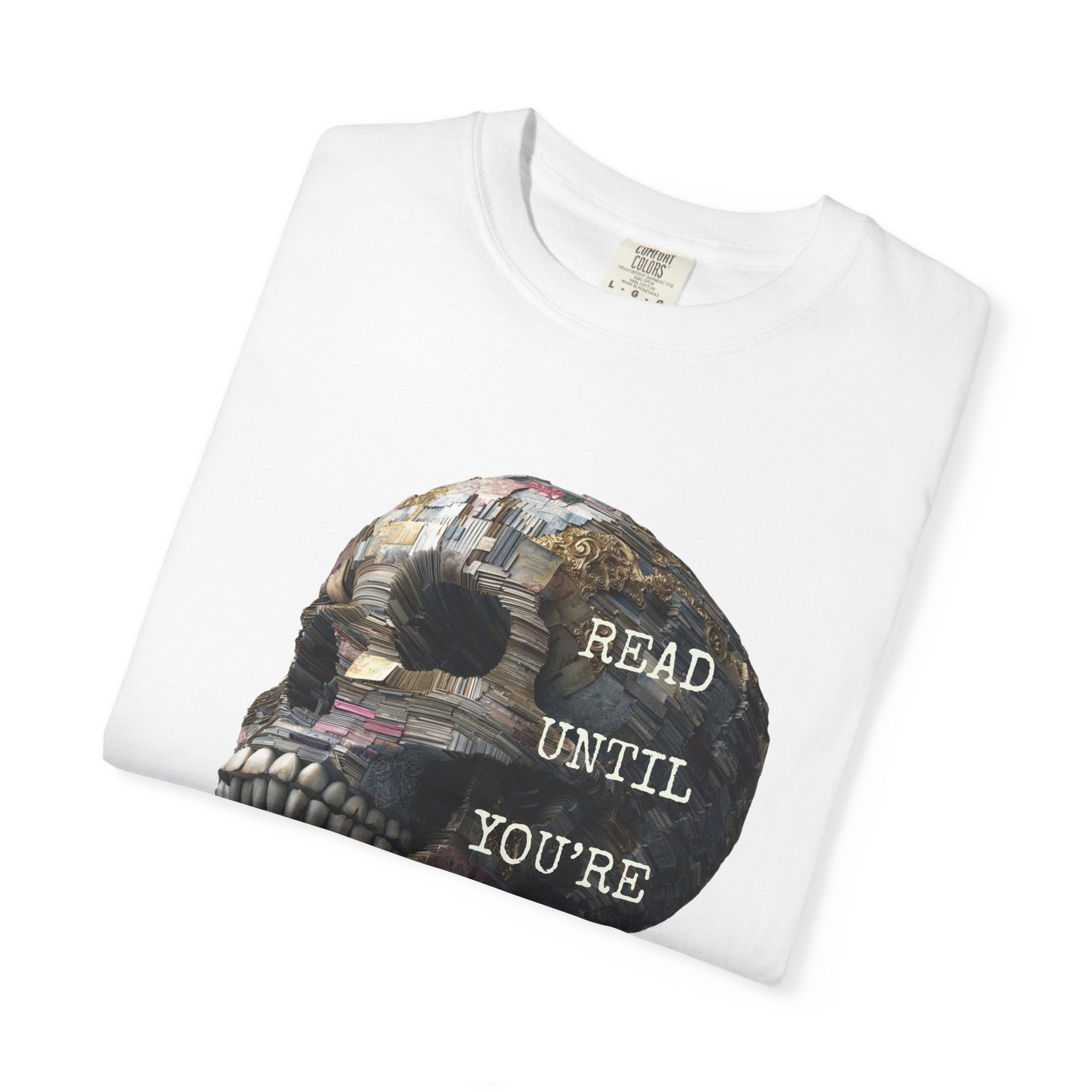 Read Until You're Dead T-Shirt — Skull Made of Books Thriller Reader Tee