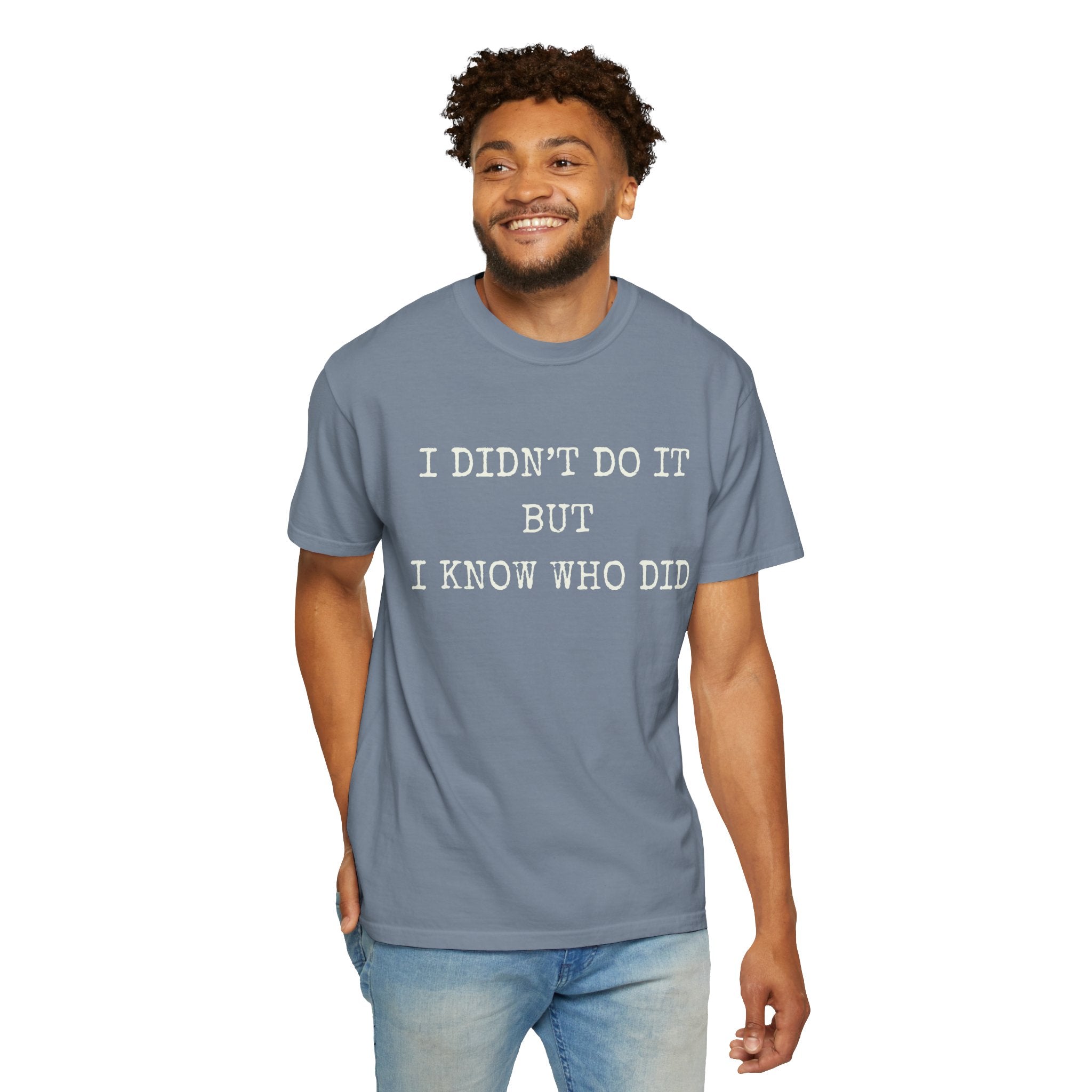 I Didn't Do It But I Know Who Did T-Shirt — Thriller Reader Typewriter Tee