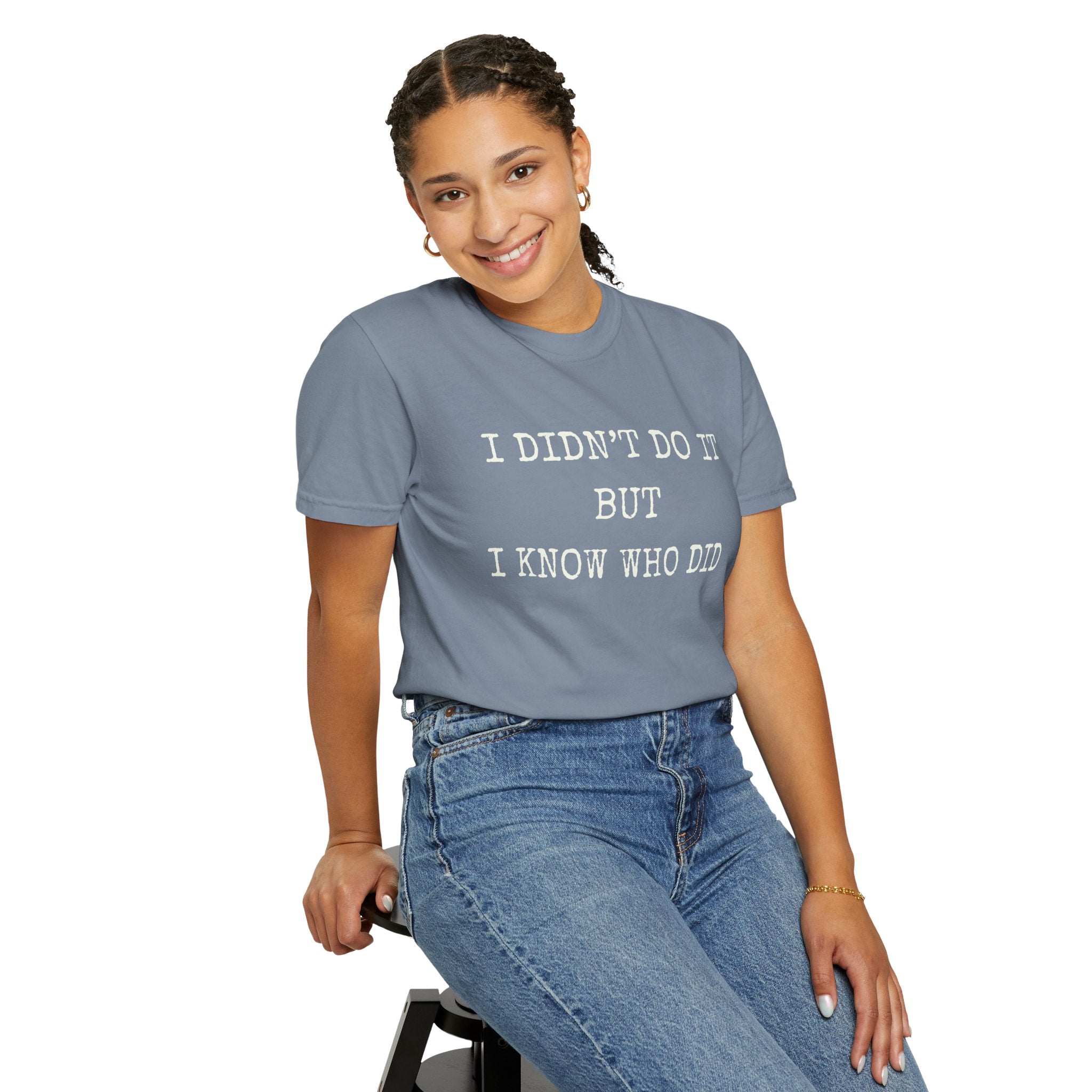 I Didn't Do It But I Know Who Did T-Shirt — Thriller Reader Typewriter Tee