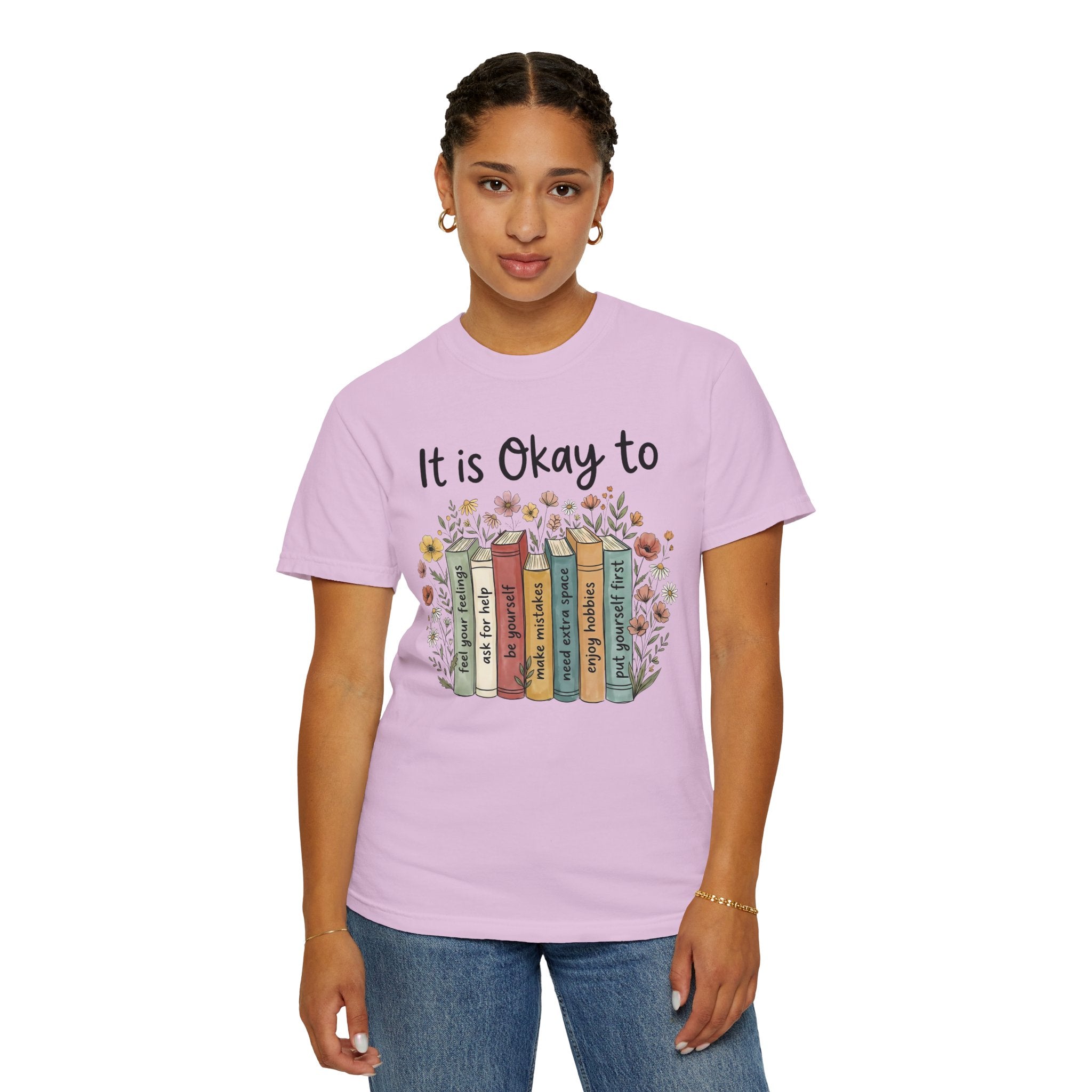 "It Is Okay to Read" T-Shirt — Floral Bookshelf Graphic