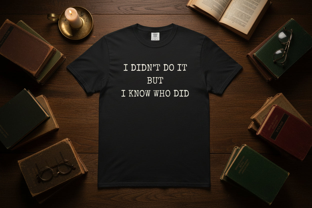 I Didn't Do It But I Know Who Did T-Shirt — Thriller Reader Typewriter Tee