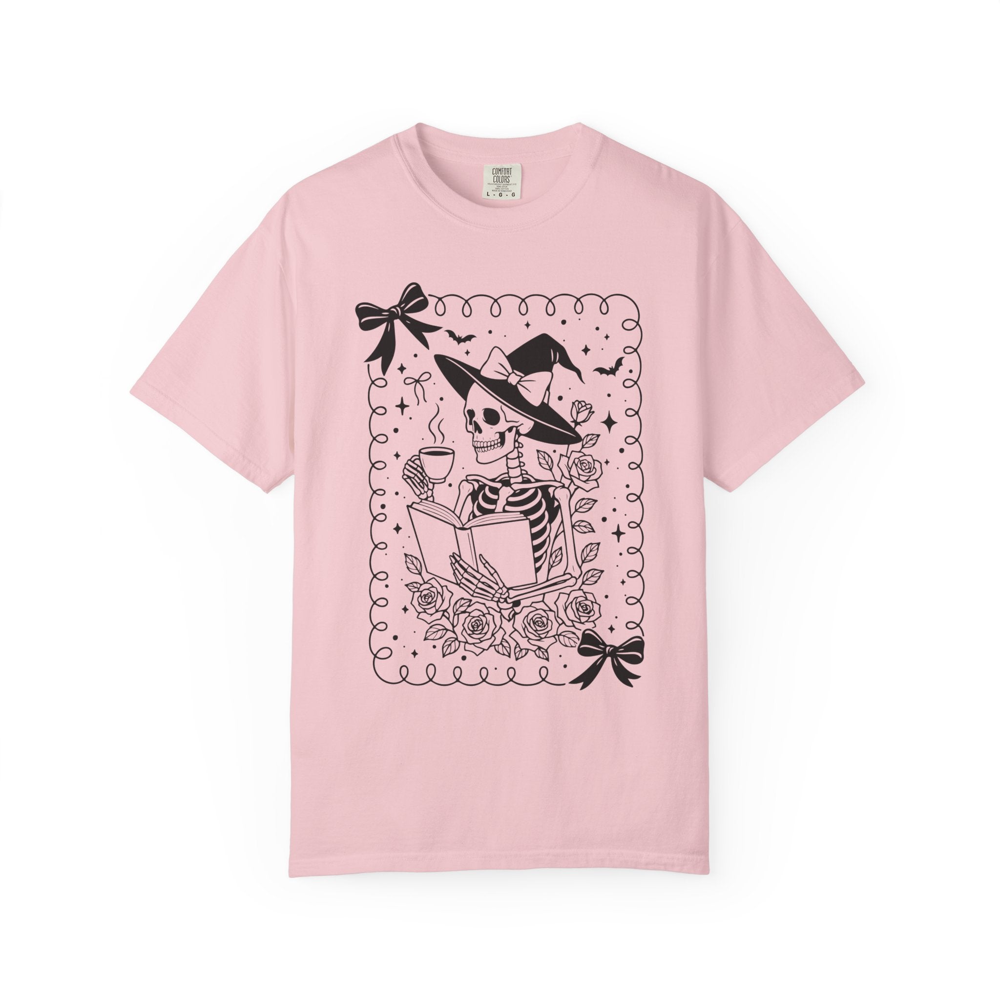 Witchy Skeleton Reading Tee — Halloween Witch Skeleton Graphic T-Shirt