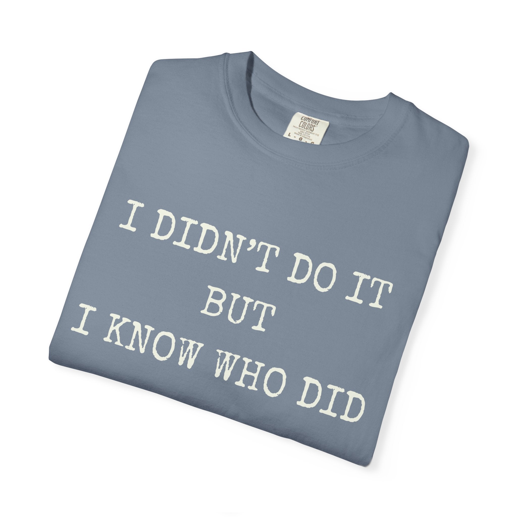 I Didn't Do It But I Know Who Did T-Shirt — Thriller Reader Typewriter Tee
