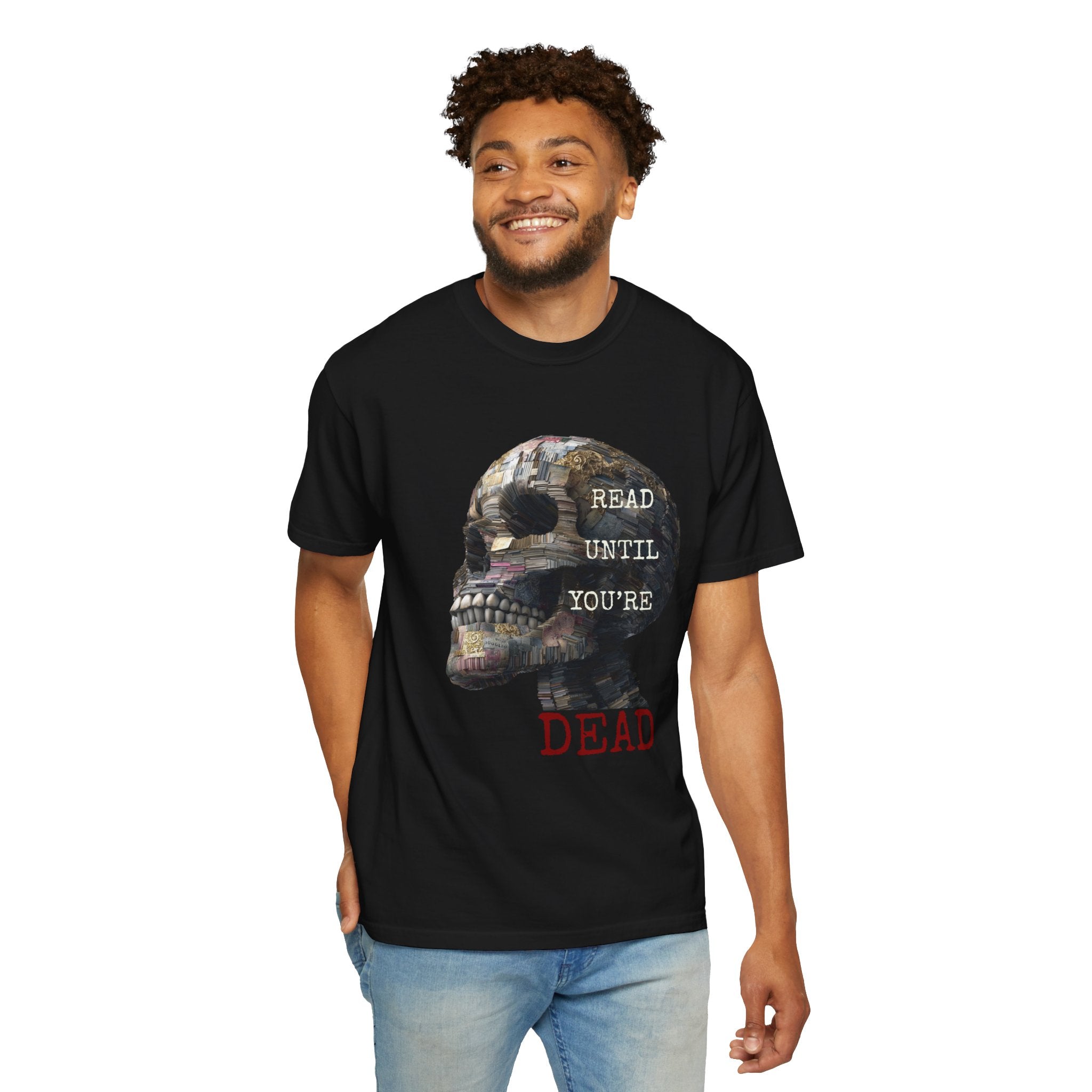 Read Until You're Dead T-Shirt — Skull Made of Books Thriller Reader Tee