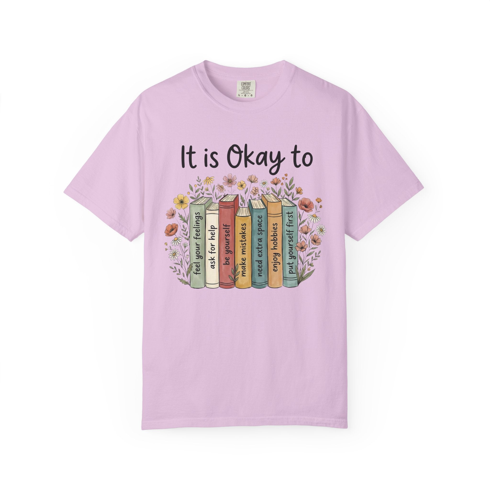 "It Is Okay to Read" T-Shirt — Floral Bookshelf Graphic