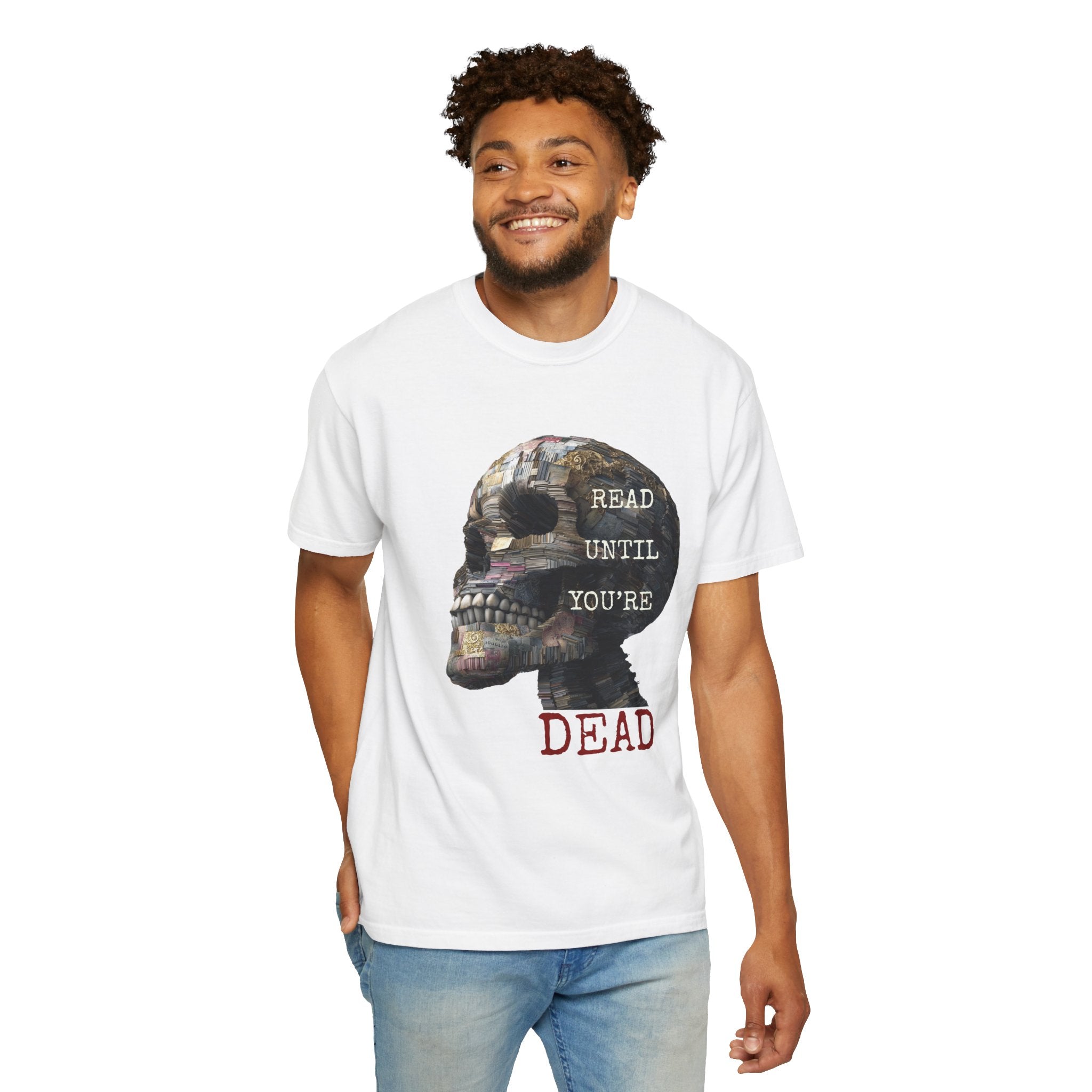 Read Until You're Dead T-Shirt — Skull Made of Books Thriller Reader Tee