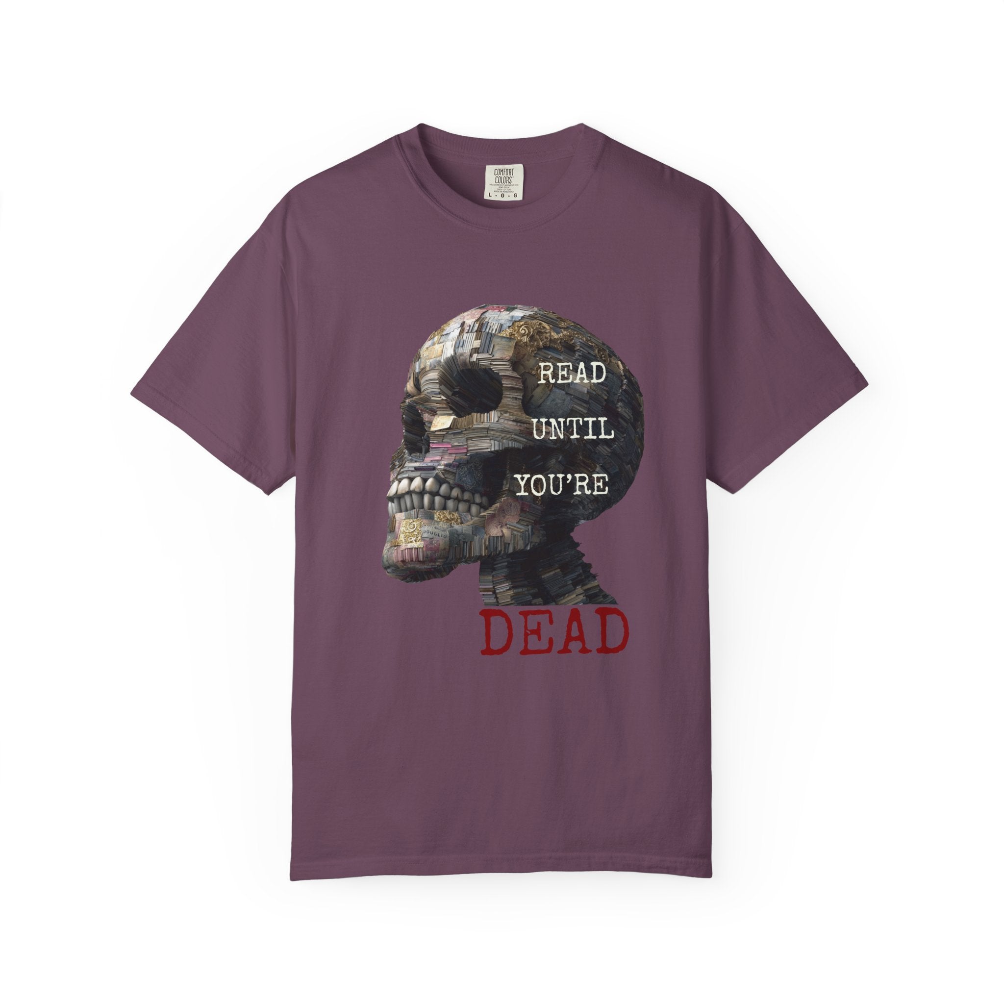 Read Until You're Dead T-Shirt — Skull Made of Books Thriller Reader Tee
