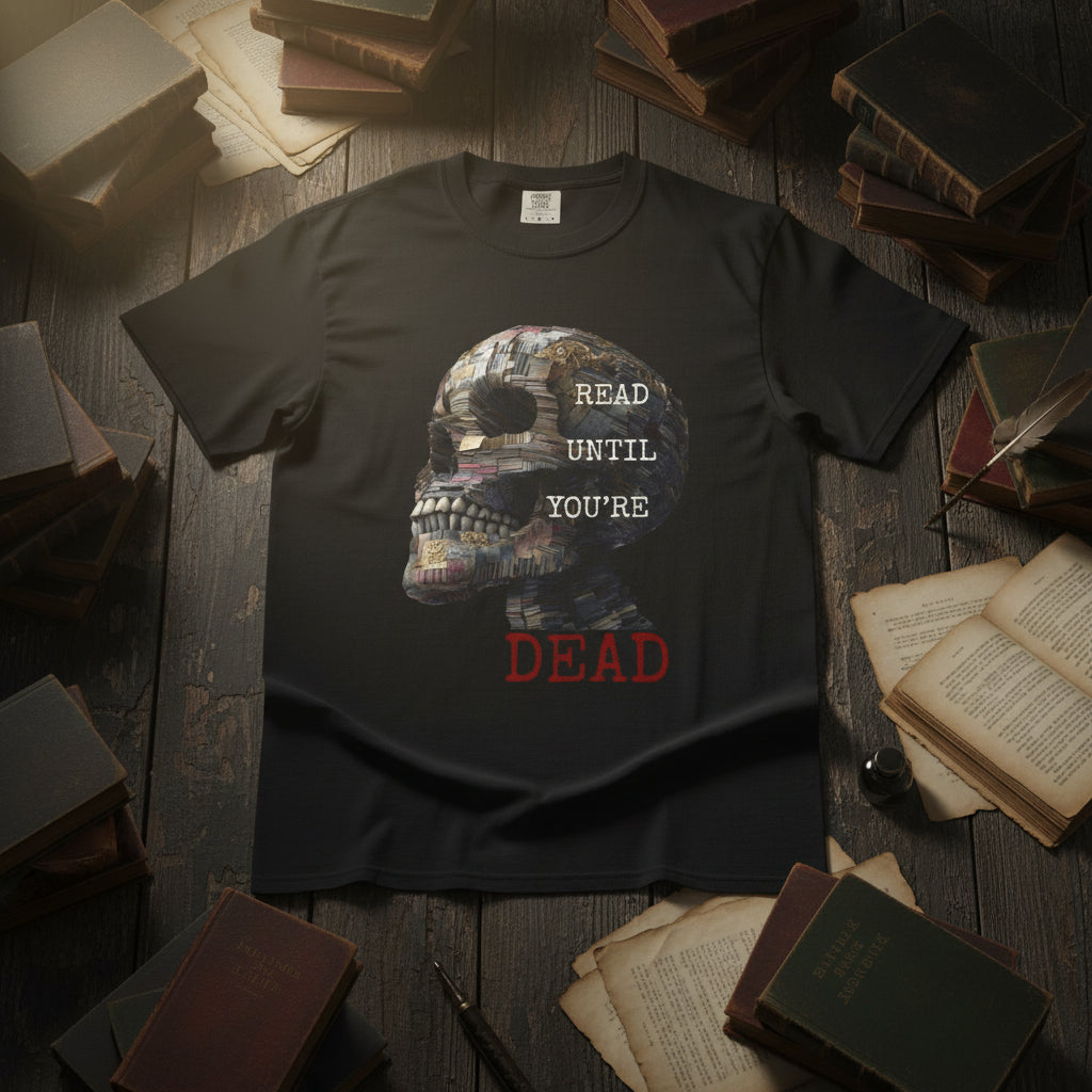 Black t-shirt with skull graphic and text 'Read Until You're Dead' 