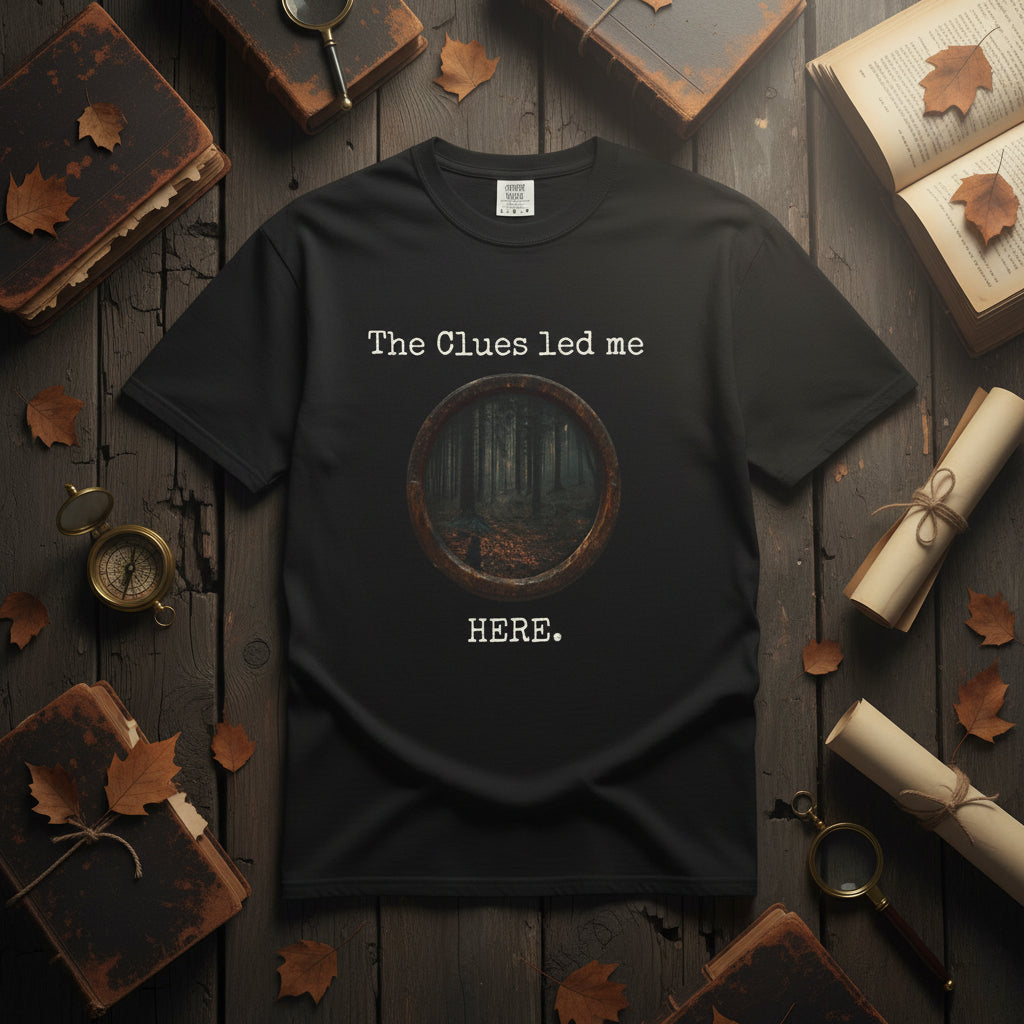 Black t-shirt with 'The Clues led me HERE' text. 